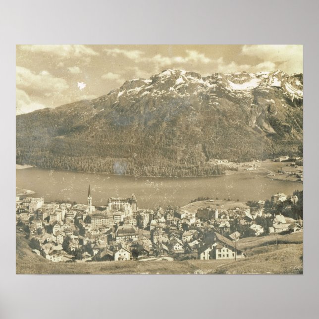 Póster Suiza de época, St Moritz y lago 1906 (Frente)