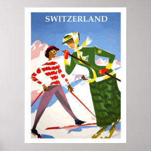 Póster Suiza, dos mujeres en un esquí, viaje vintage