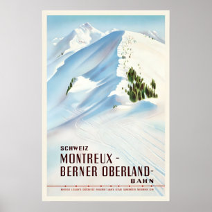 Póster Suiza Montreux Berner Oberland Esquí Antiguo
