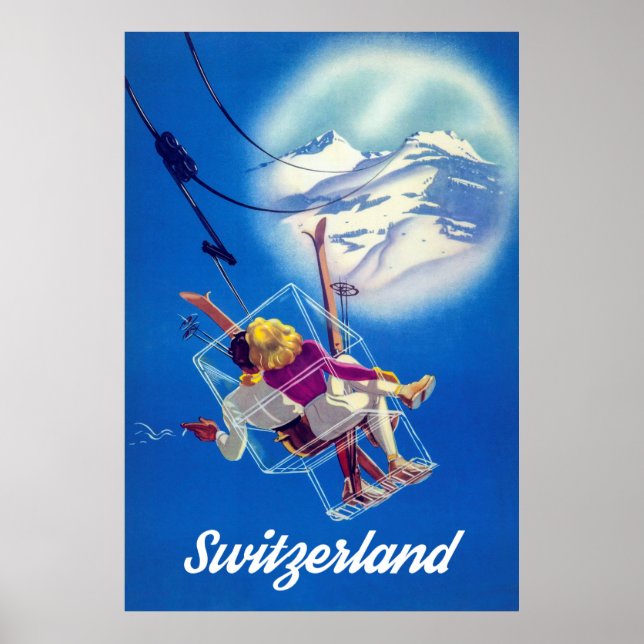 Póster Suiza: Pareja de esquí feliz en teleférico (Frente)