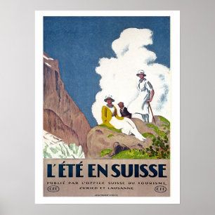 Póster Suiza, picnic de verano en las montañas, vintage