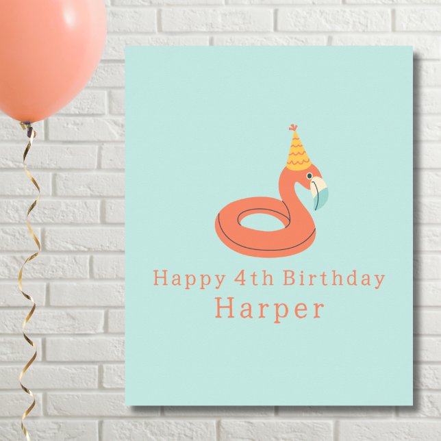 Póster summer flamingo float kids birthday pool party (flamingo happy birthday pool party personalized name poster print sign. digital instant downloadable)