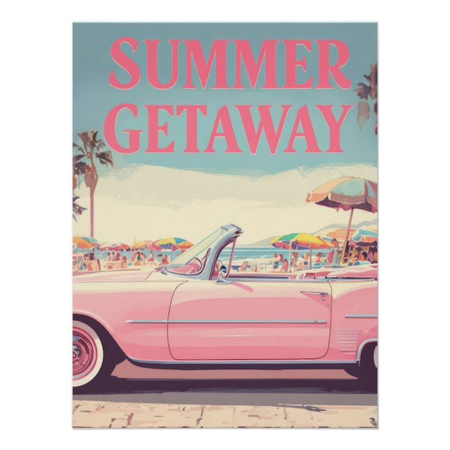 Póster Summer Getaway Pink Car Beach Retro (Anverso)