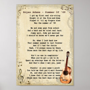 Póster Summer Of 69 Song Lyric Vintage Wall Art Print