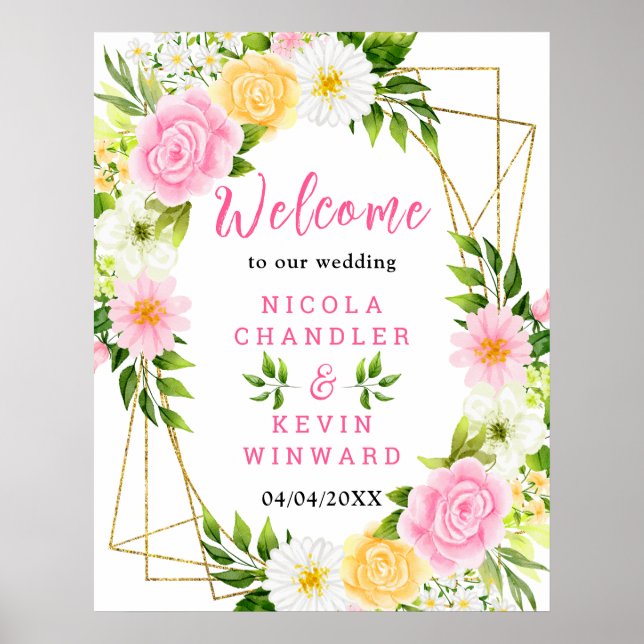 Póster Summer Pink and Yellow Flower Wedding Welcome Sign (Frente)