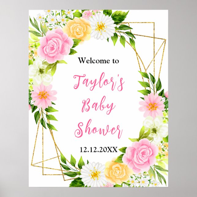 Póster Summer Pink Yellow Floral Baby Shower Welcome Sign (Frente)