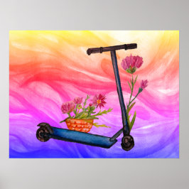 Póster Summer Poster Push Scooter Floral Art
