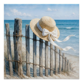 Póster Summer Straw Hat On Beach Fence