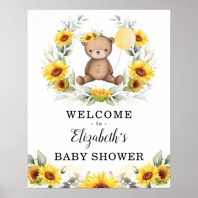 Póster Summer Teddy Bear Sunflower Wreath Bienvenida Bebé (Frente)