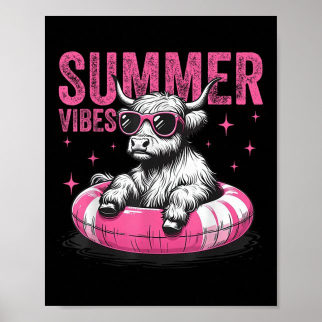 Póster Summer Vibes Funny Highland Cow Pool Float Beach ( (Frente)