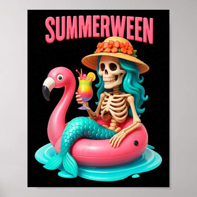 Póster Summer-ween Mermaid Skeleton Flamingo Halloween Be (Frente)