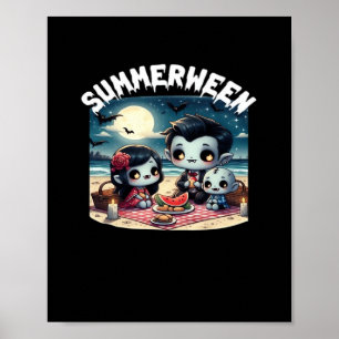 Póster Summerween con una familia de vampiros en la playa