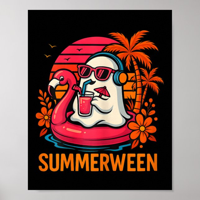 Póster Summerween Funny Ghost Halloween Summer Flamingo B (Frente)