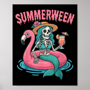 Póster Summerween Mermaid Skeleton Beach Flamingo Hallowe