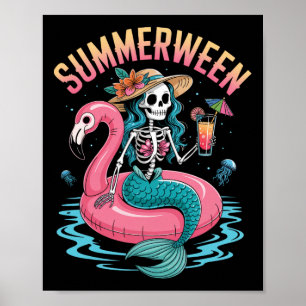 Póster Summerween Mermaid Skeleton Beach Flamingo Hallowe