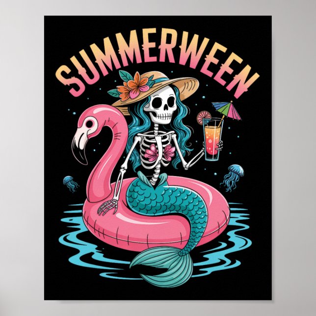 Póster Summerween Mermaid Skeleton Beach Flamingo Hallowe (Frente)