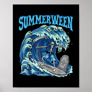 Póster Summerween Skeleton Surf Grim Reaper Beach Spooky
