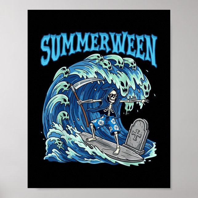 Póster Summerween Skeleton Surf Grim Reaper Beach Spooky (Frente)
