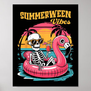 Póster Summerween Vibes Skeleton Flamingo Spooky Hallowee