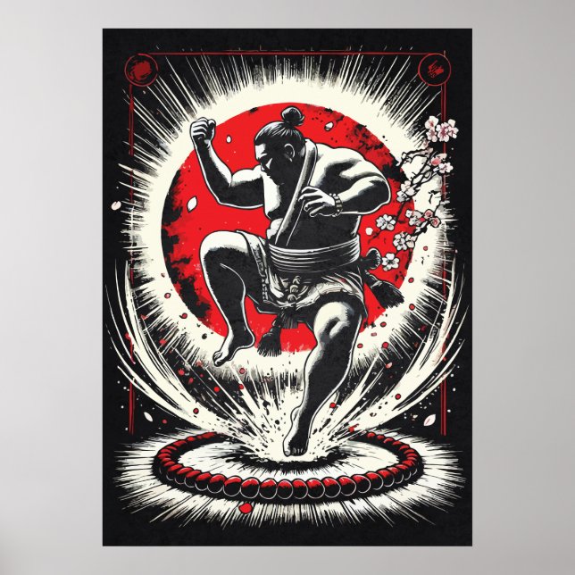 Póster Sumo Wrestler In Red Moon, Japanese Anime Art (Frente)