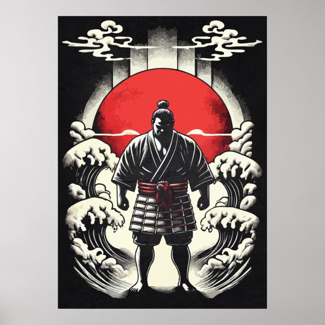 Póster Sumo Wrestler In Red Moon, Japanese Anime Tattoo (Frente)