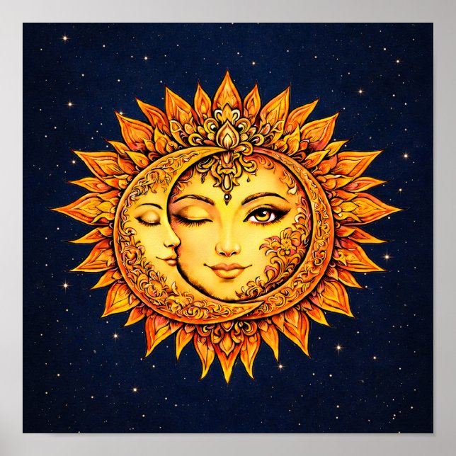 Póster Sun Moon Boho Goddess | Celestial Face Mandala Art (Frente)