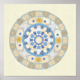 Póster Sun Moon Stars Yellow and Blue Mandala Print