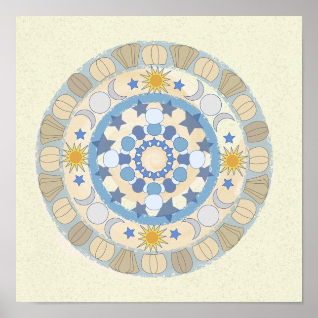 Póster Sun Moon Stars Yellow and Blue Mandala Print (Frente)