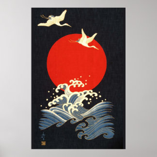 PÓSTER SUN ROJO, GRÁFICAS DE VUELO JAPONÉS, OLAS MARINAS 