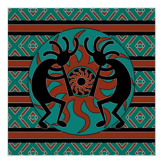 Póster Sun Tribal Turquesa del Suroeste Kokopelli (Anverso)