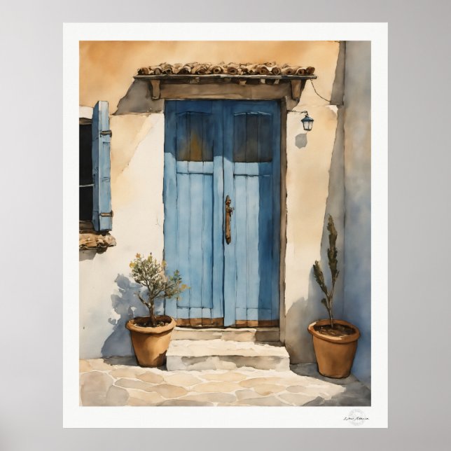 Póster Sun-Washed Blue Village Door Oil Painting (Frente)