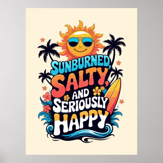 Póster Sunburned Salty and Happy – Retro Beach Vibes (Frente)