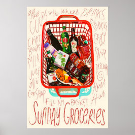 Póster Sunday Groceries Print Red Shopping Basket, Foodie