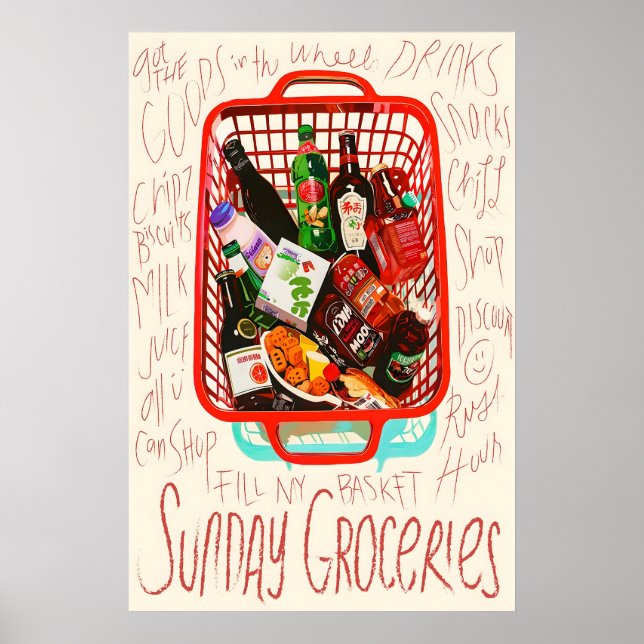 Póster Sunday Groceries Print Red Shopping Basket, Foodie (Frente)