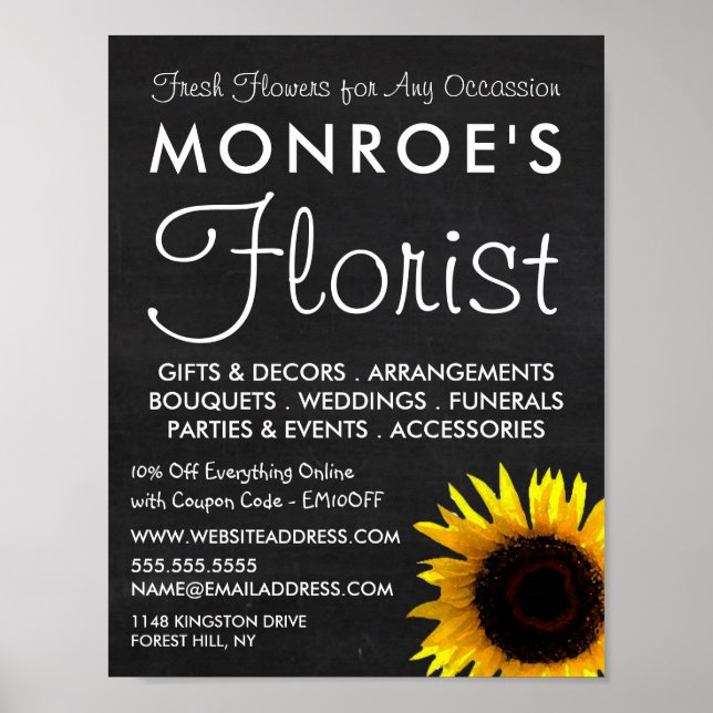 Póster Sunflower and Chalkboard, Floristry Adverti (Frente)