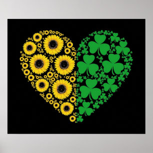 Póster Sunflower and Irish Shamrock Heart