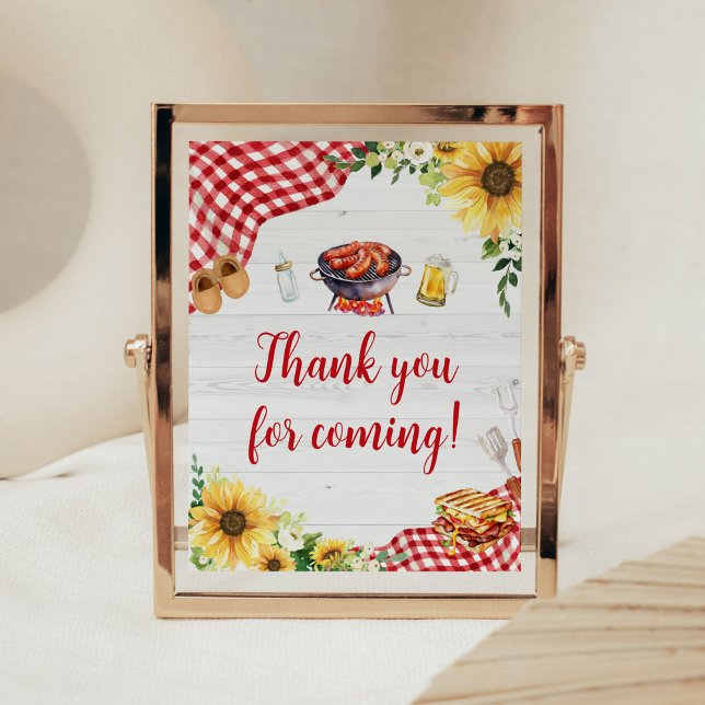 Póster Sunflower BBQ Baby Shower Gracias por venir (Backyard Picnic Baby Shower Thank you for Coming Sign)