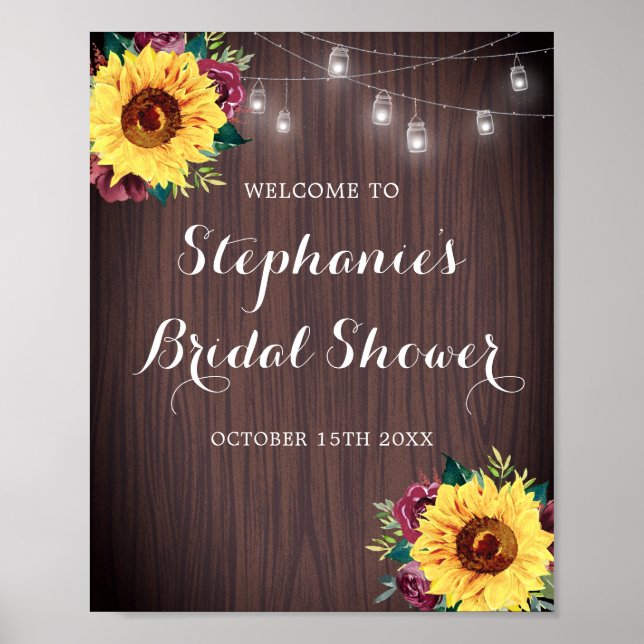 Póster Sunflower Burgundy Rosa Jars Wood Bridal Shower (Frente)