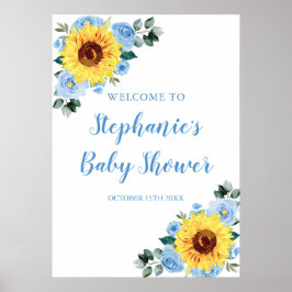 Póster Sunflower Dusty Blue Watercolor Floral Baby Shower