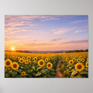 Póster Sunflower Field Sunset Landscape