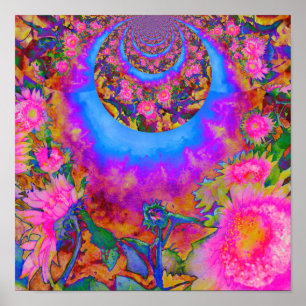 Póster Sunflower fields forever, retro  pink sunflowers 