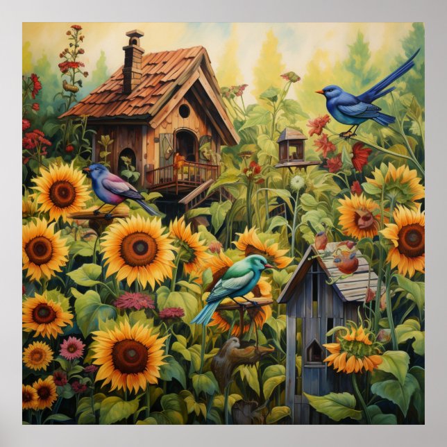 Póster Sunflower Garden 10 Casas de Aves Azules (Frente)