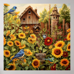 Póster Sunflower Garden 4 Aves Azules