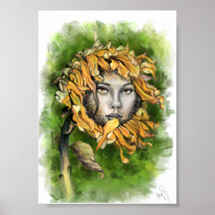 Póster Sunflower Girl Surrealism Poster Print - Painting