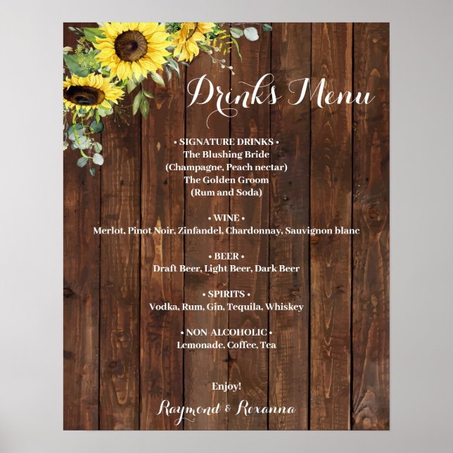 Póster Sunflower Greenery Bebidas a la carta Rótulo Boda (Frente)