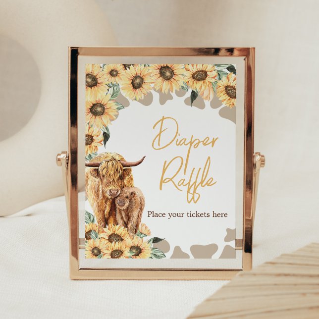 Póster Sunflower Highland Cow Baby Shower Diaper Raffle (Summer Holy Cow Baby Shower Diaper Raffle Sign)