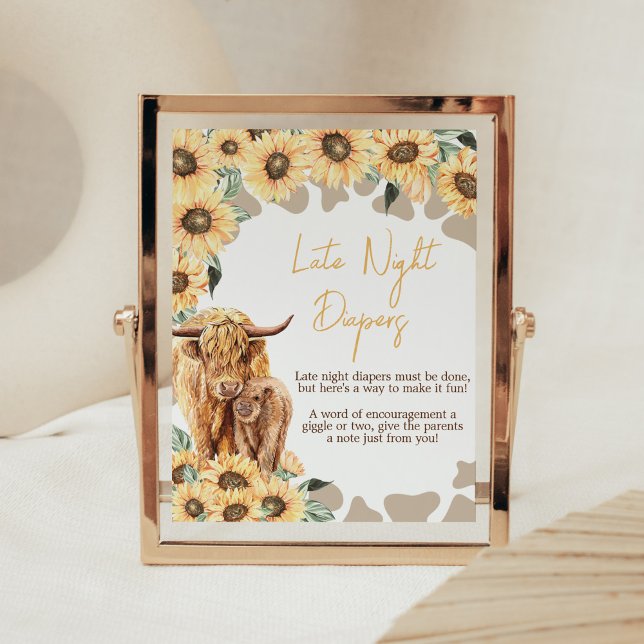 Póster Sunflower Highland Cow Tarde Noche Diapers (Summer Holy Cow Baby Shower Late Night Diapers Sign)