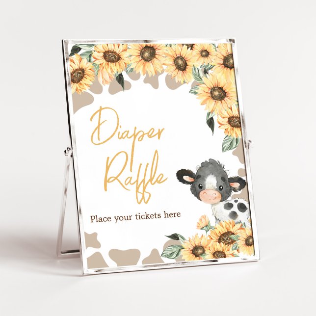 Póster Sunflower Holy Cow Baby Shower Diaper Raffle (Summer Highland Cow Baby Shower Diaper Raffle Sign)