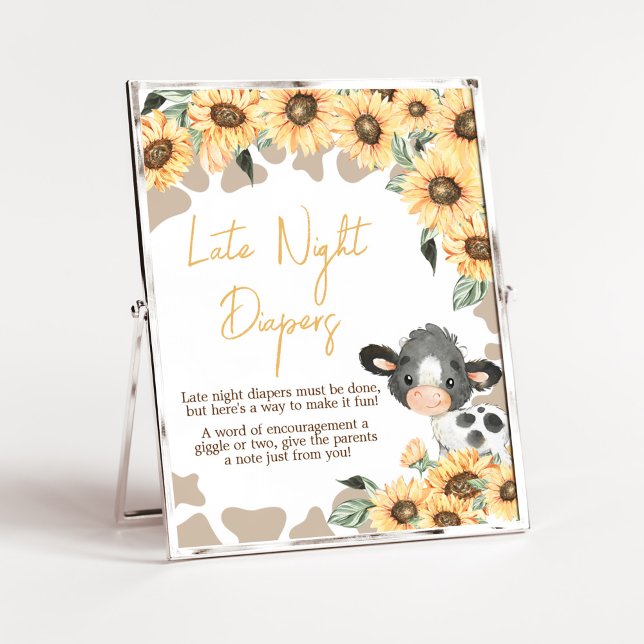 Póster Sunflower Holy Cow Baby Shower Late Night Diapers (Summer Highland Cow Baby Shower Late Night Diapers Sign)