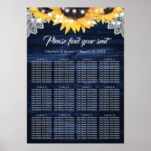 Póster Sunflower Navy Blue Wood Wedding Seating Chart 12 (Frente)